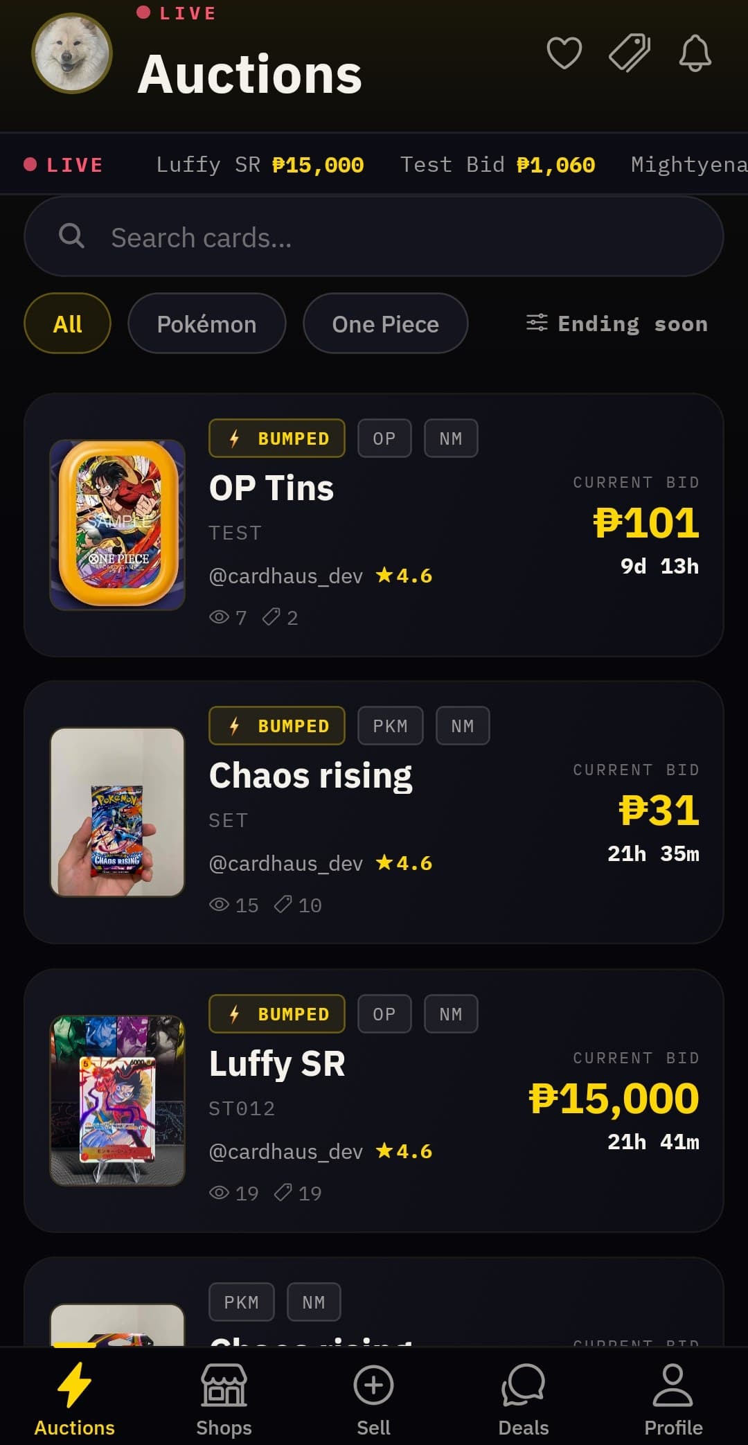 Live auctions feed with the realtime ticker