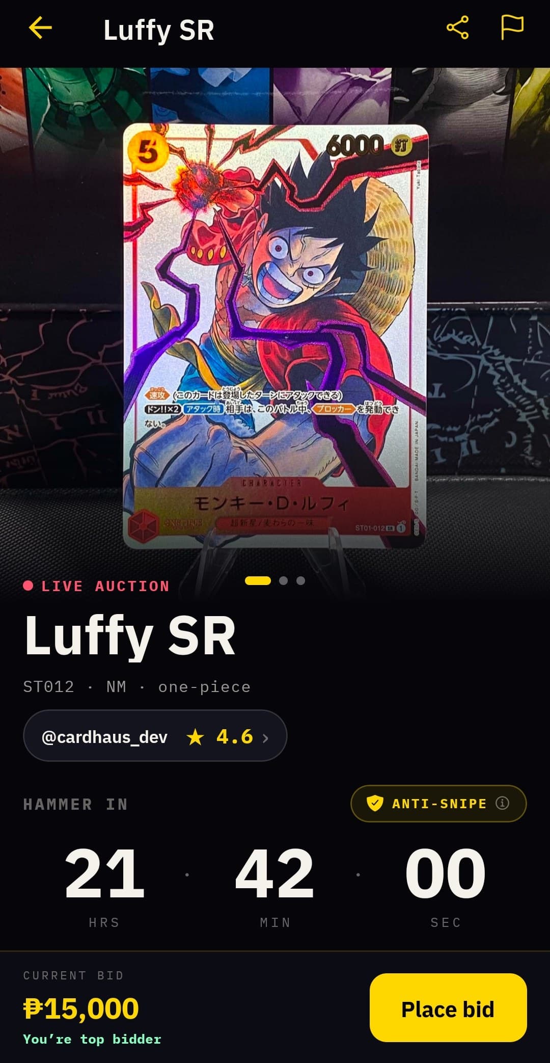 A live card auction in Cardhaus: Luffy SR with the hammer countdown and bid bar